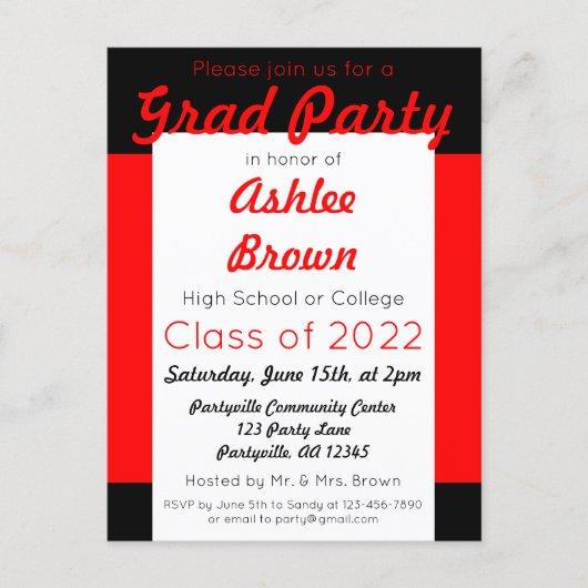 Red Black Bold Grad Party Graduation Invitation Postcard