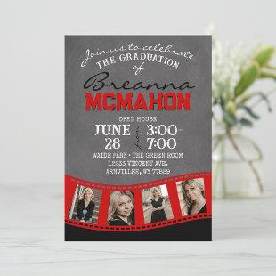 Red & Black Chalkboard Photo Filmstrip Graduation Invitation