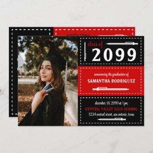 Red & Black Dotted Boxes and Pencils Graduation Invitation