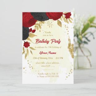 red & black flowers gold birthday party invitation