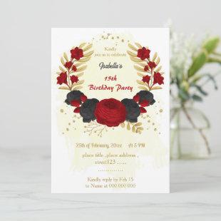 red & black flowers gold birthday party invitation