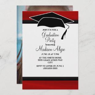 Red Black Graduation Cap Party Photo Invitation
