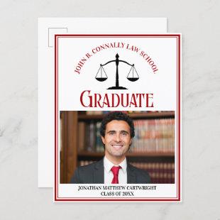 Red Black Law School Graduation Photo Announcement Postcard