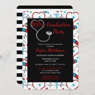 Red | Black Medical Nurse Graduation Party Invitation