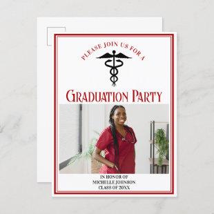 Red Black Medical School Graduation Photo Party Invitation Postcard