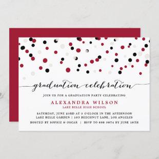 Red & Black Modern Confetti Dots Graduation Party Invitation