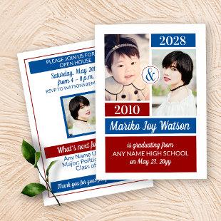 Red Blue School Colors Then and Now Graduation Invitation