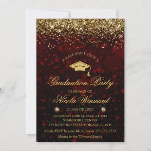 Red Bokeh & Gold Glitter Graduation Party Invitation