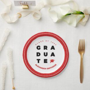 Red Bold GRADUATE Letters and Cap Graduation Paper Plates