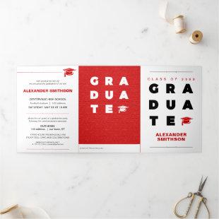Red Bold GRADUATE Letters and Cap Graduation Tri-Fold Announcement
