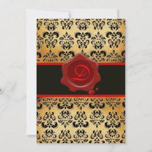 RED BROWN AND BLACK DAMASK ,WAX SEAL MONOGRAM INVITATION