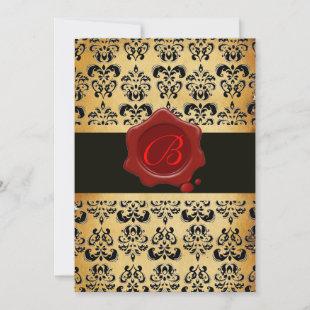 RED BROWN AND BLACK DAMASK ,WAX SEAL MONOGRAM INVITATION