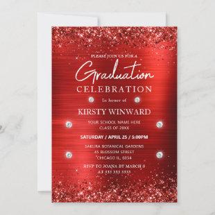 Red Brushed Metal and Glitter Graduation Invitation