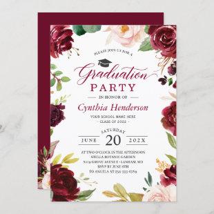 Red Burgundy Floral Class of 2022 Graduation Party Invitation