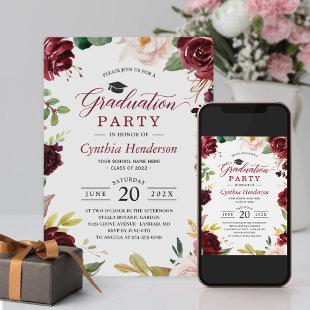 Red Burgundy Floral Class of 2023 Graduation Party Invitation