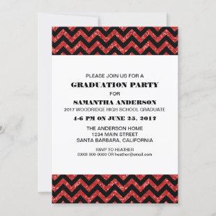 Red Chevron Glitter Graduation Party Invite
