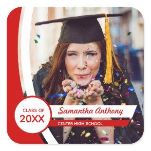 Red Curved Frame Photo Graduation Square Sticker
