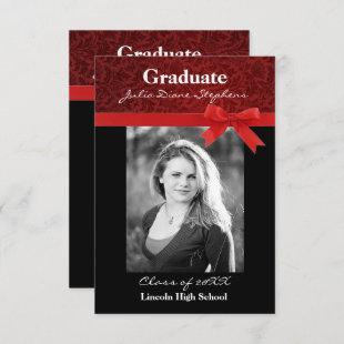 Red Damask & Red Bow - 3x5 Graduation Announcement