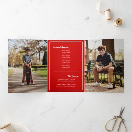Red Edgy Abstract Torn Photo Graduation Tri-Fold Invitation