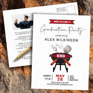 Red Fun Script 3 Photo Graduation BBQ Party Invitation Postcard
