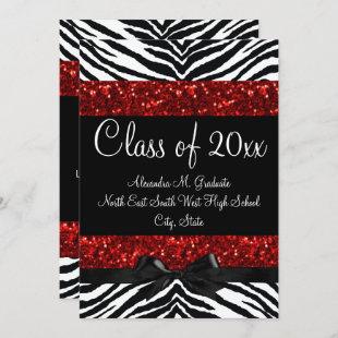 Red Glitter Sparkle Zebra Bow Graduation Invite
