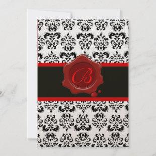 RED, GOLD AND BLACK DAMASK ,WAX SEAL MONOGRAM INVITATION