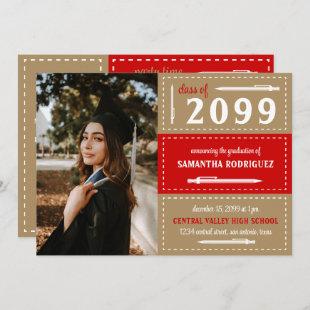 Red & Gold Dotted Boxes and Pencils Graduation Invitation