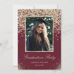 Red Gold Glitter Photo Graduation Party Invitation