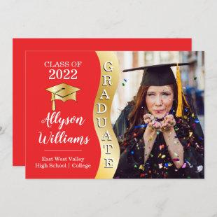 Red | Gold Graduate Wave Grad Cap Photo Announcement