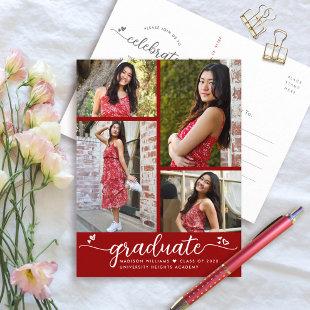Red Graduation 4 Photo Modern Girly Script Hearts  Invitation Postcard
