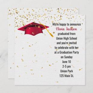 Red Graduation Cap with Gold Confetti Invitation