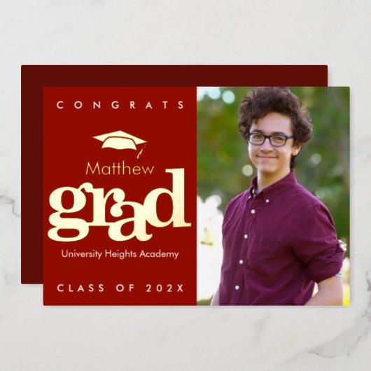 Red graduation photo bold typography cap real gold foil invitation