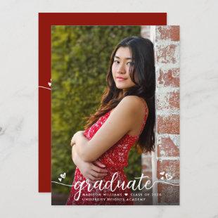 Red Graduation Photo Modern Calligraphy Hearts Announcement