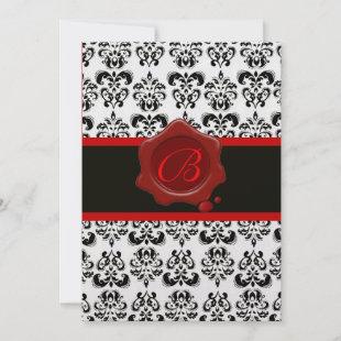 RED, ICE AND BLACK DAMASK ,WAX SEAL MONOGRAM INVITATION