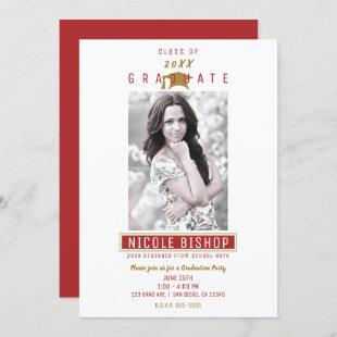Red Maroon Gold White Graduation Party  Invitation