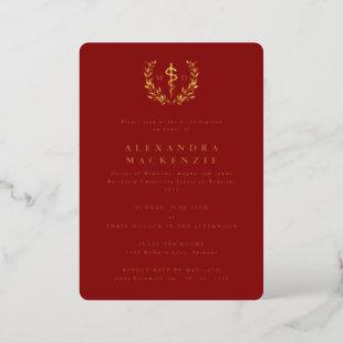 Red MD Asclepius+Laurel Wreath Graduation Party Foil Invitation