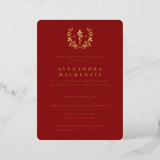 Red MD Asclepius+Laurel Wreath Graduation Party Foil Invitation