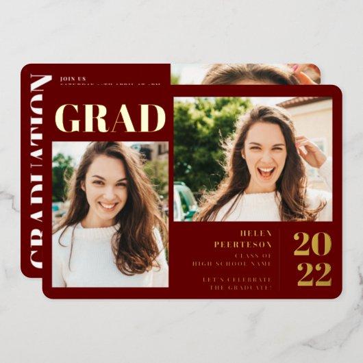 Red minimalist modern 3 photos graduation foil invitation