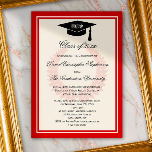Red Monogram Laurel Classic College Graduation Invitation