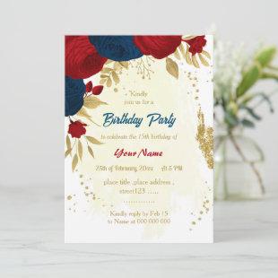 red & navy blue flowers gold leaves birthday invit invitation