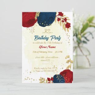 red & navy blue flowers gold leaves birthday invitation