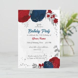 red & navy blue flowers silver birthday party  invitation