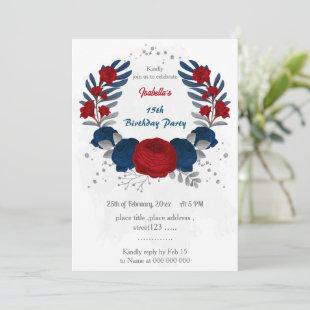 red & navy blue flowers silver leaves birthday  invitation