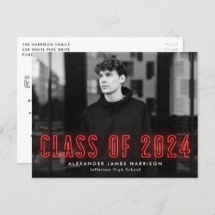 Red Neon Class of 2024 Photo Graduation Party Invitation Postcard