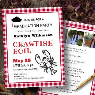 Red Plaid Crawfish Boil 3 Photo Graduation Party Invitation