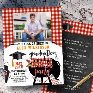 Red Plaid Graduation BBQ Party Photo Invitation