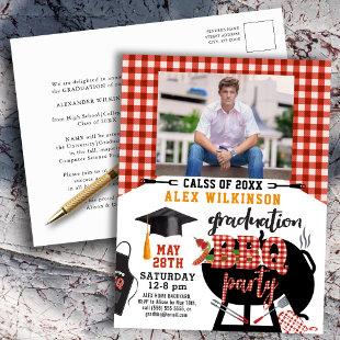 Red Plaid Graduation BBQ Party Photo Invitation Postcard