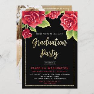 Red Rose Black Gold Glitter Photo Graduation Party Invitation