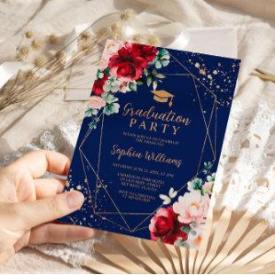 Red Rose & Gold Watercolor Graduation Party  Invitation
