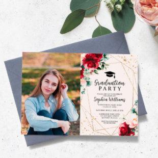 Red Rose & Gold Watercolor Photo Graduation Party Invitation